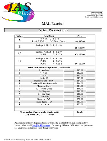Portrait Package Order 8.5x11 150425-MAL BaseBall